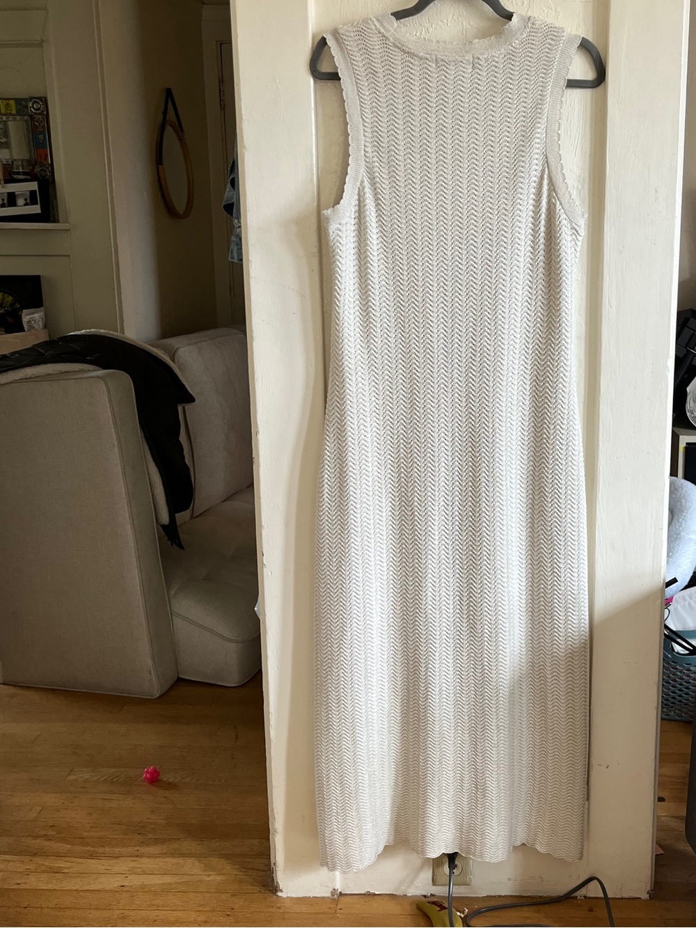 VTG 90’s White Cream Gold Woven Bodycon Knit Sleeveless Summer Maxi Dress Size L - Picture 5 of 8
